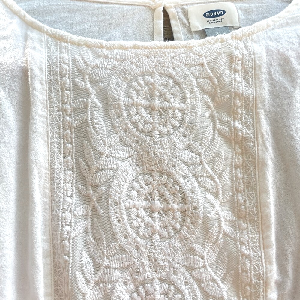 OLD NAVY Ivory Embroidered Long Sleeve Bohemian Cotton Top - XL